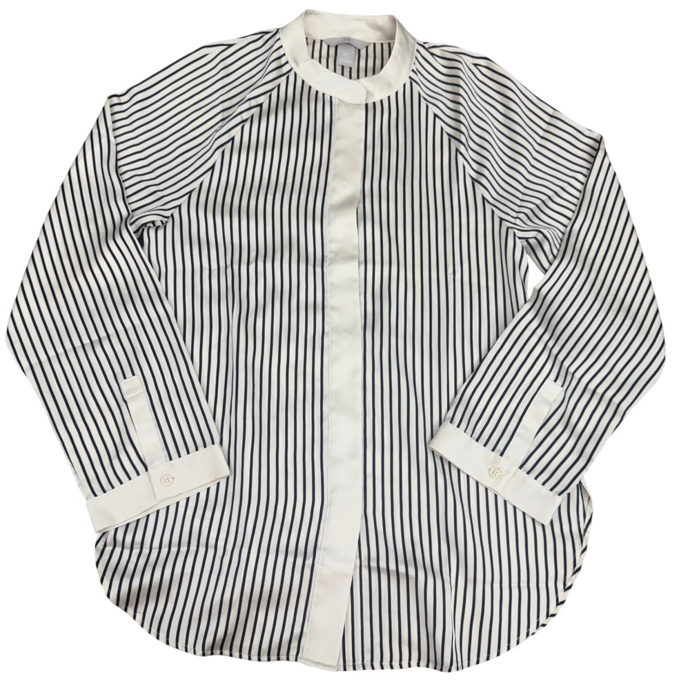 H&M Women Cream Navy Striped Band Collar Button Up Blouse Top‎ Small office fir